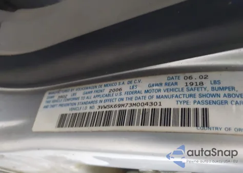 2003 Volkswagen Jetta Gls 2.0L z USA, uszkodzony, nr VIN 3VWSK69M73M004301